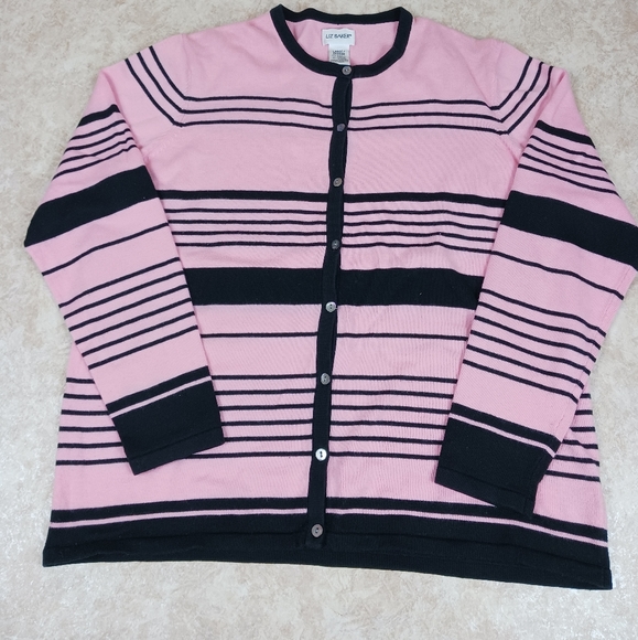 LIZ BAKER Sweater Pink w/ Black Stripes Size Large - Picture 1 of 4